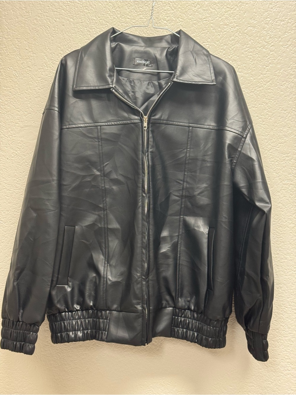 Collared Black Faux Leather Bomber Jacket by XOXO pit 24”, L 28” size XL